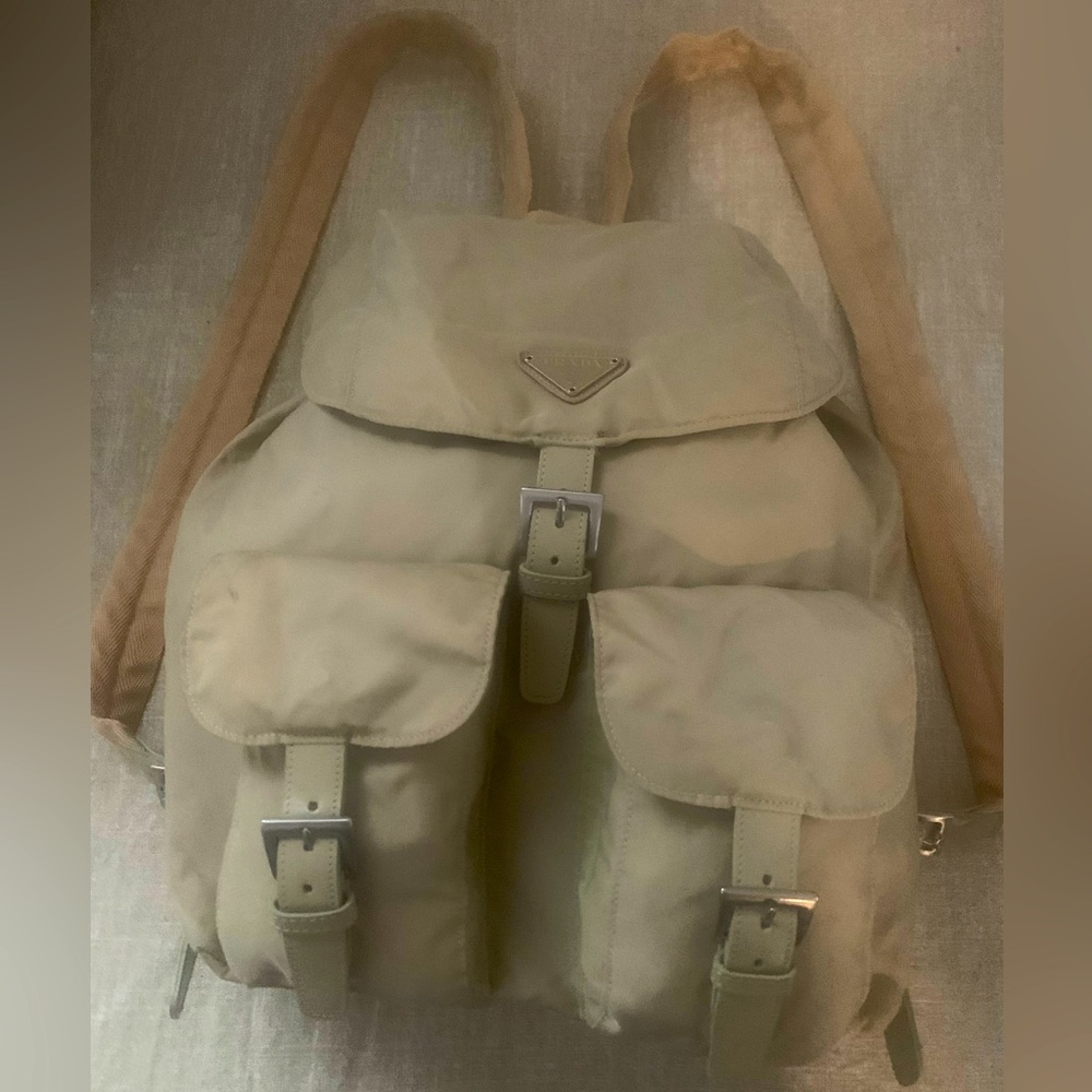 Prada Nylon Backpack w/ leather trim . Barely used .Rare Tan Color